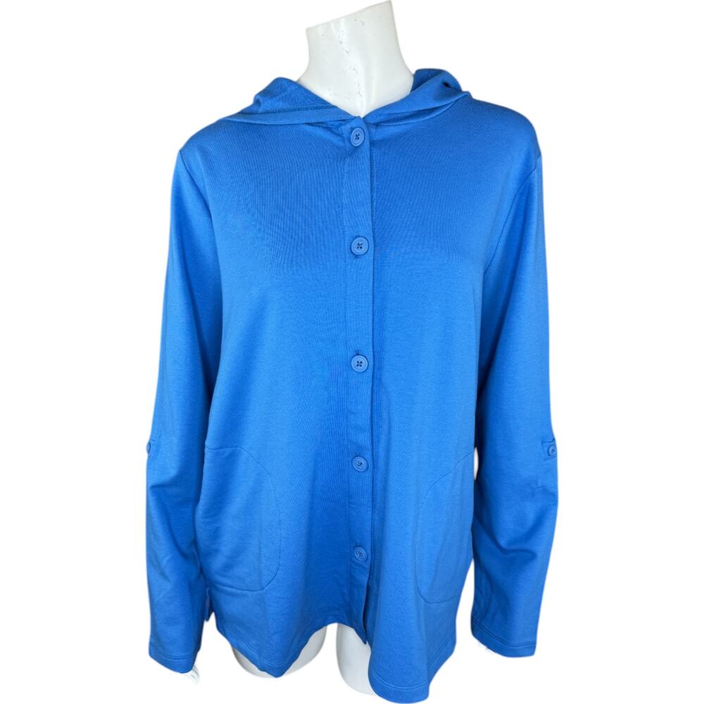 Denim & Co. Beach French Terry Roll Tab Sleeve‎ Hooded Jacket Indigo Sea Medium